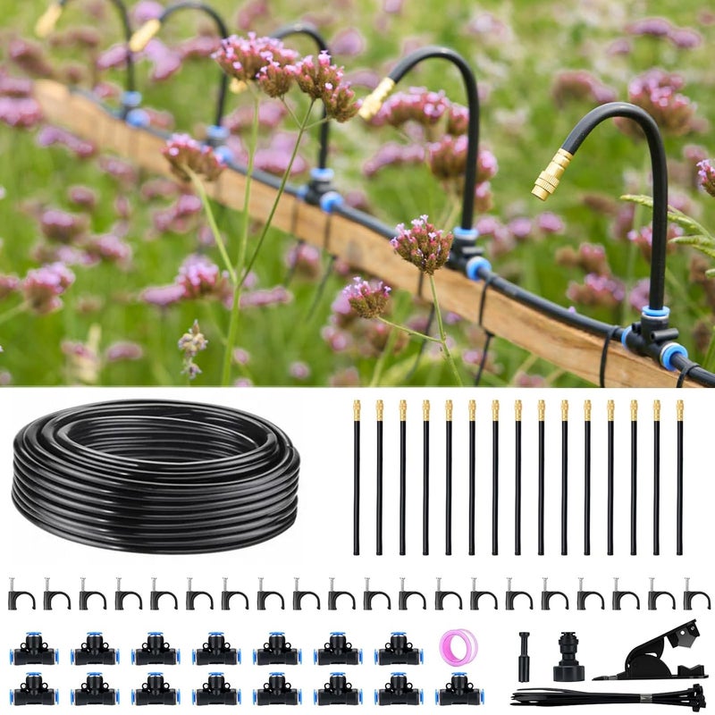 Funpynani 360° Automatic Drip Irrigation Kit - 5/16'' Tubing, Adjustable Universal Spray Nozzle, Copper Atomizing System for Garden/Lawn/Greenhouse - Multi-Directional Rotation, Quick Connectors, 49FT - Image 1